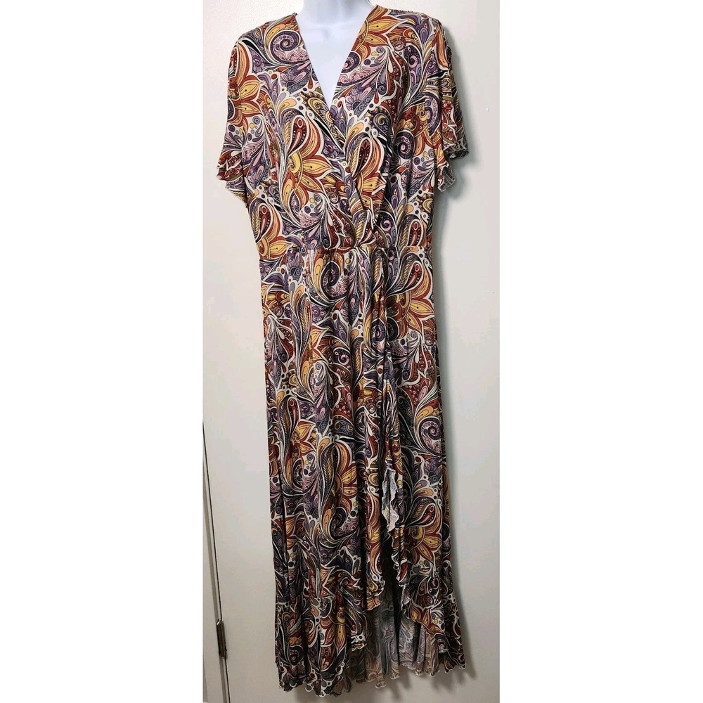 Lascana NWT Paisley Faux Wrap Maxi Dress Sz 14 Lettuce Asymmetrical Hem V-Neck
